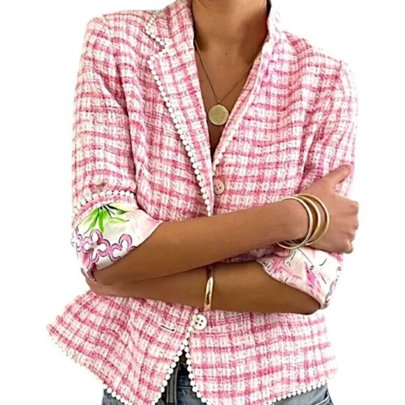 Lilly Pulitzer Mizner Pink Tweed Boucle Silk Lined Blazer Jacket Sz 4 Vintage - Picture 1 of 9